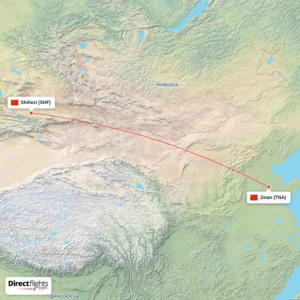 Shihezi - Jinan direct flight map