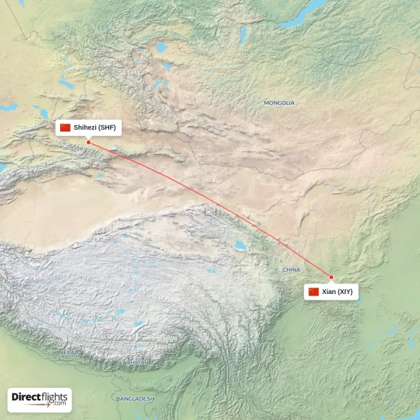 Shihezi - Xian direct flight map