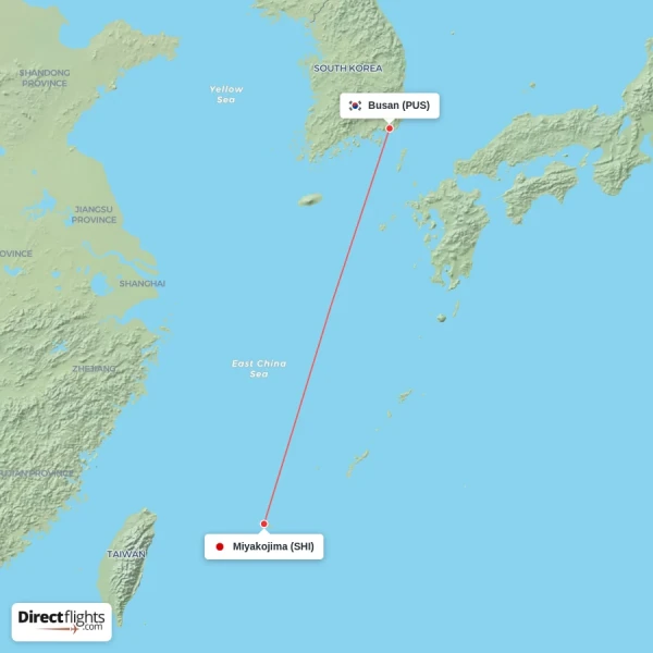 Miyakojima - Busan direct flight map