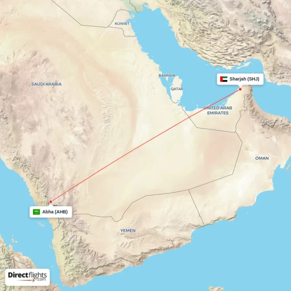 Sharjah - Abha direct flight map