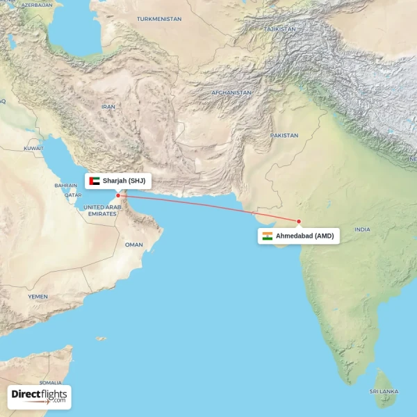 Sharjah - Ahmedabad direct flight map