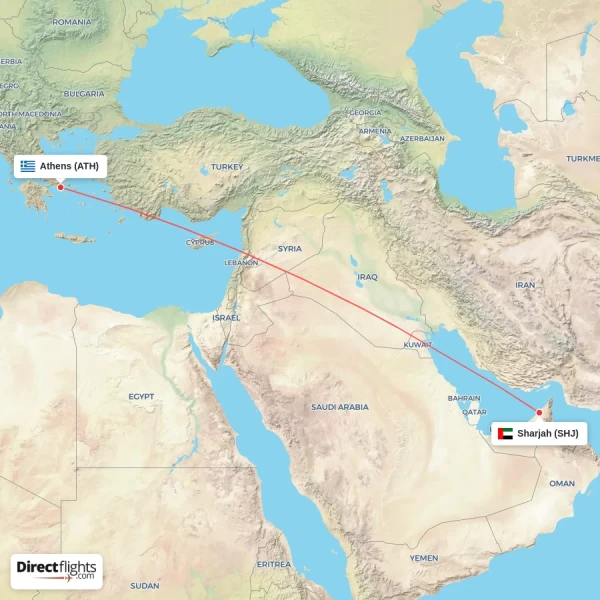 Sharjah - Athens direct flight map