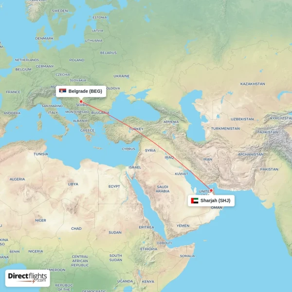 Sharjah - Belgrade direct flight map