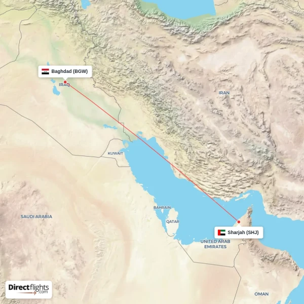 Sharjah - Baghdad direct flight map