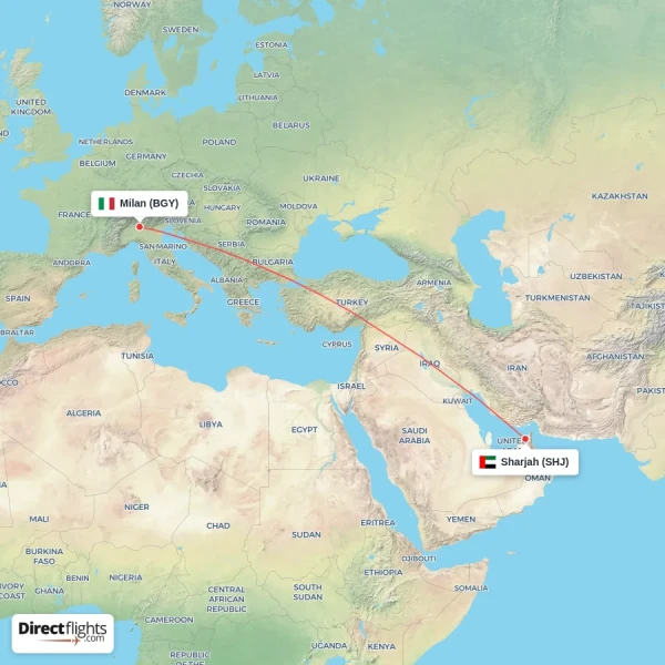 Sharjah - Milan direct flight map