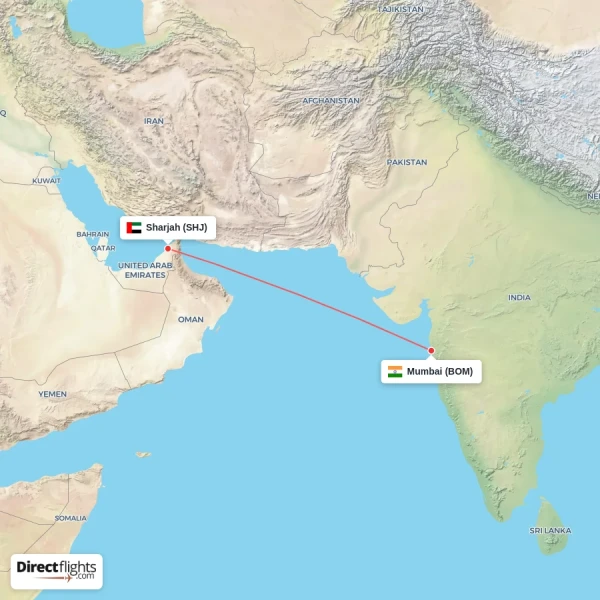 Sharjah - Mumbai direct flight map