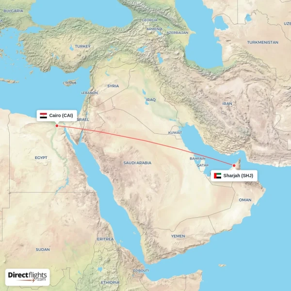 Sharjah - Cairo direct flight map