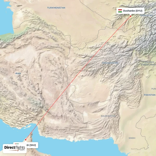 Sharjah - Dushanbe direct flight map