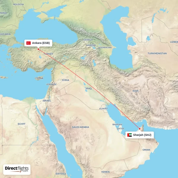 Sharjah - Ankara direct flight map