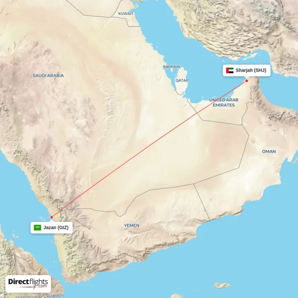 Sharjah - Jazan direct flight map