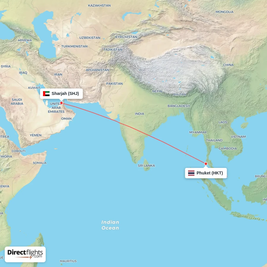 SHJ - HKT route map