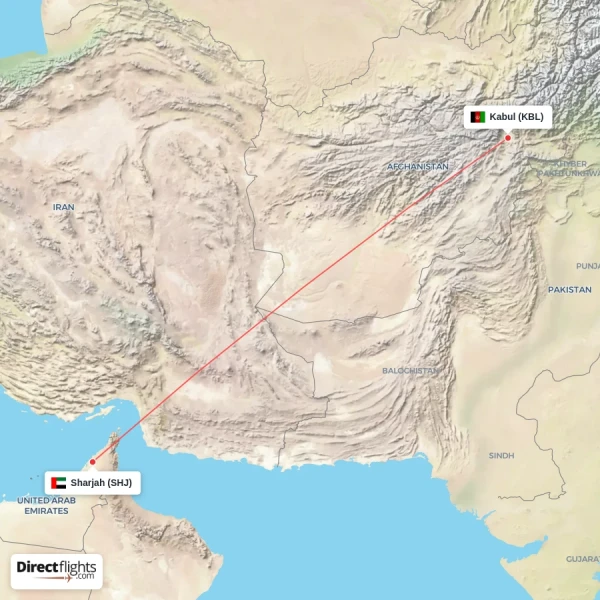 Sharjah - Kabul direct flight map