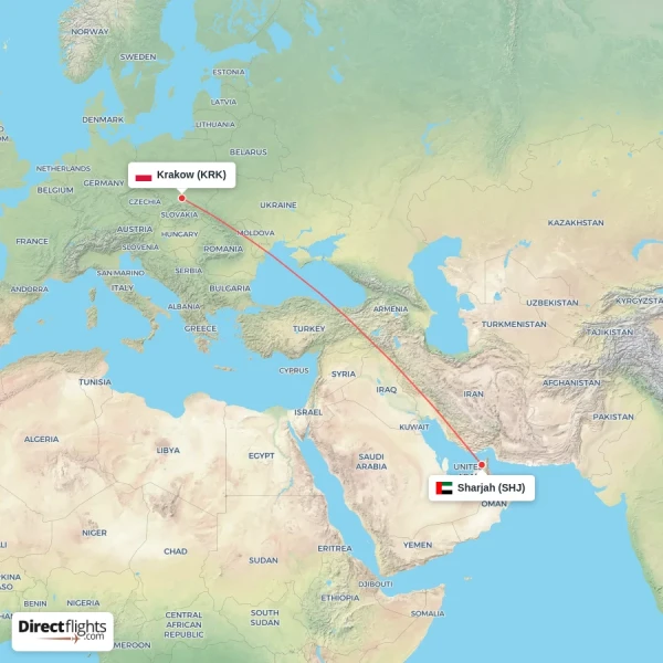 Sharjah - Krakow direct flight map