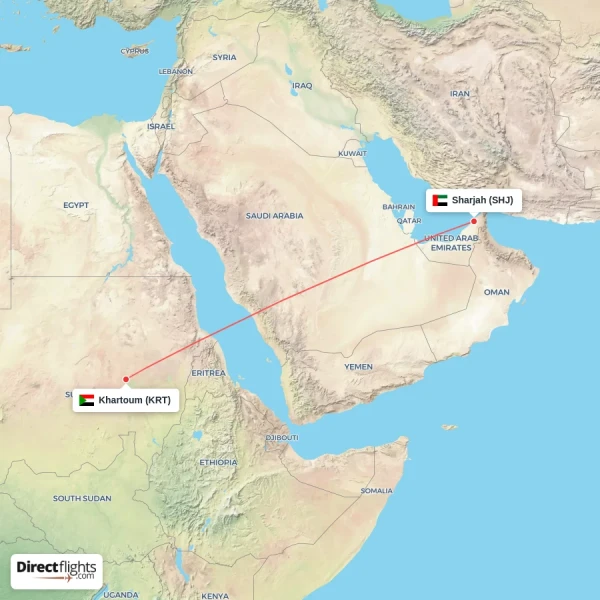 Sharjah - Khartoum direct flight map