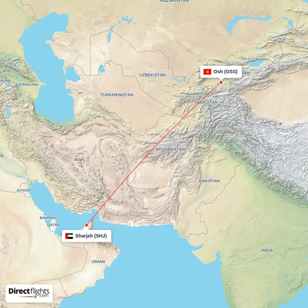 Sharjah - Osh direct flight map