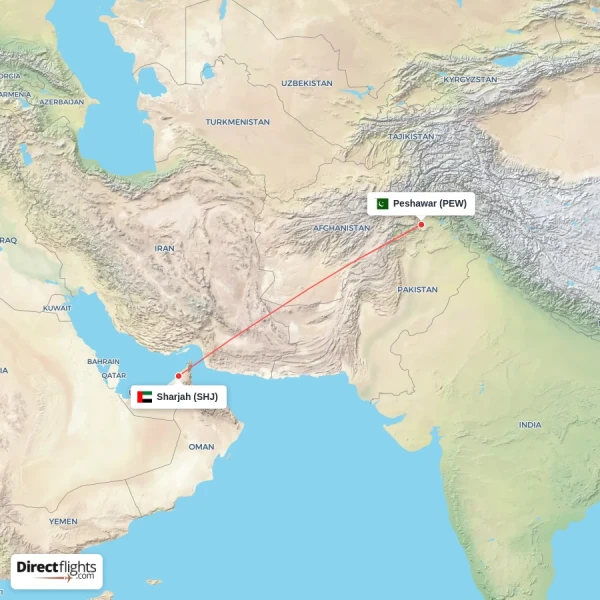 Sharjah - Peshawar direct flight map