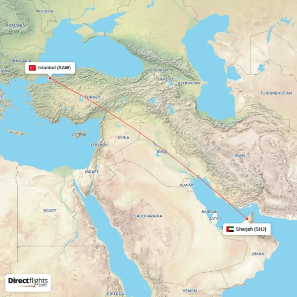 Sharjah - Istanbul direct flight map