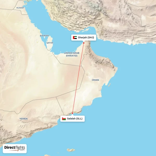 Sharjah - Salalah direct flight map