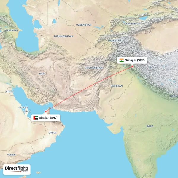 Sharjah - Srinagar direct flight map