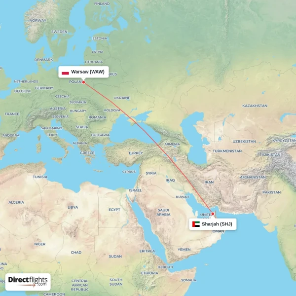 Sharjah - Warsaw direct flight map
