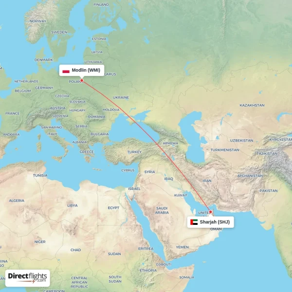 Sharjah - Modlin direct flight map