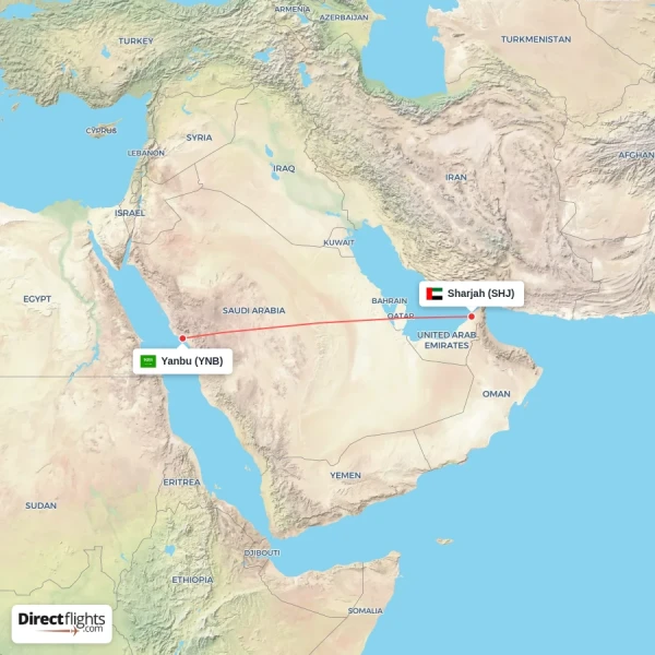 Sharjah - Yanbu direct flight map