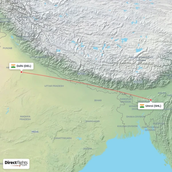 Umroi - Delhi direct flight map