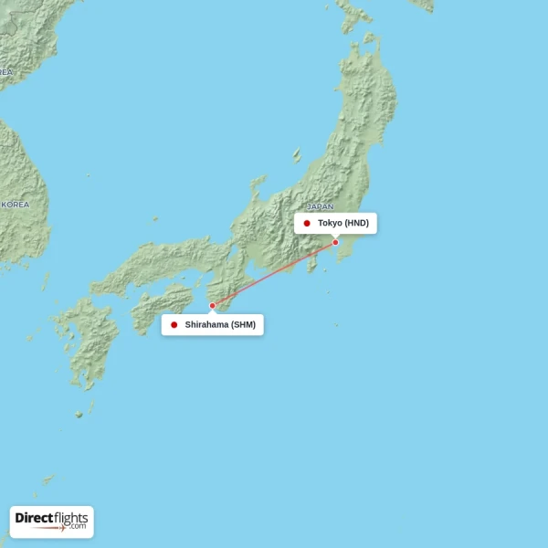 Shirahama - Tokyo direct flight map