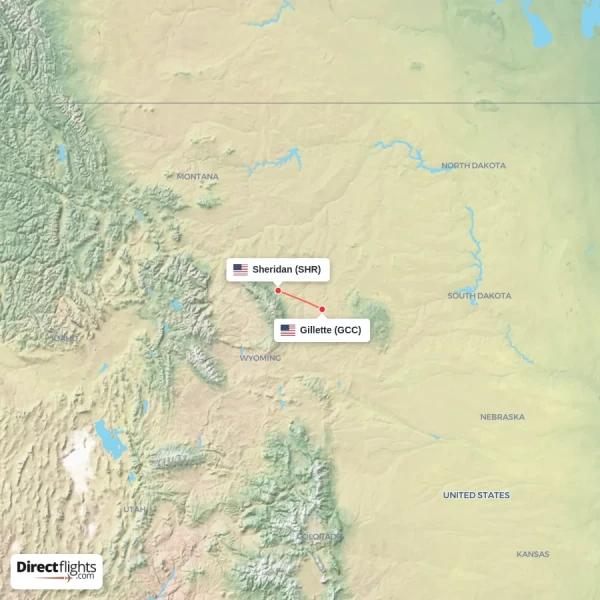 Sheridan - Gillette direct flight map