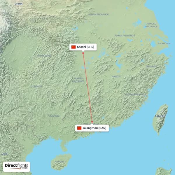 Shashi - Guangzhou direct flight map