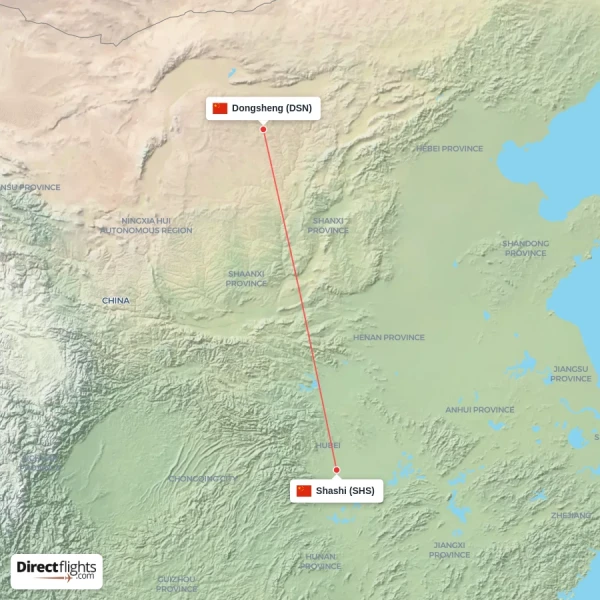Shashi - Dongsheng direct flight map