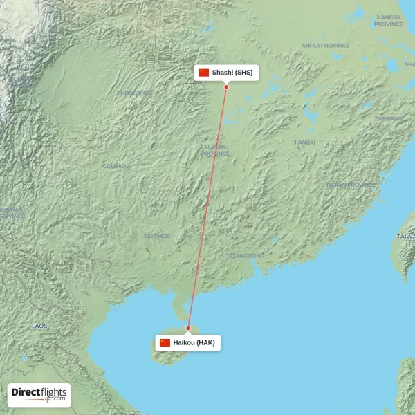 Shashi - Haikou direct flight map