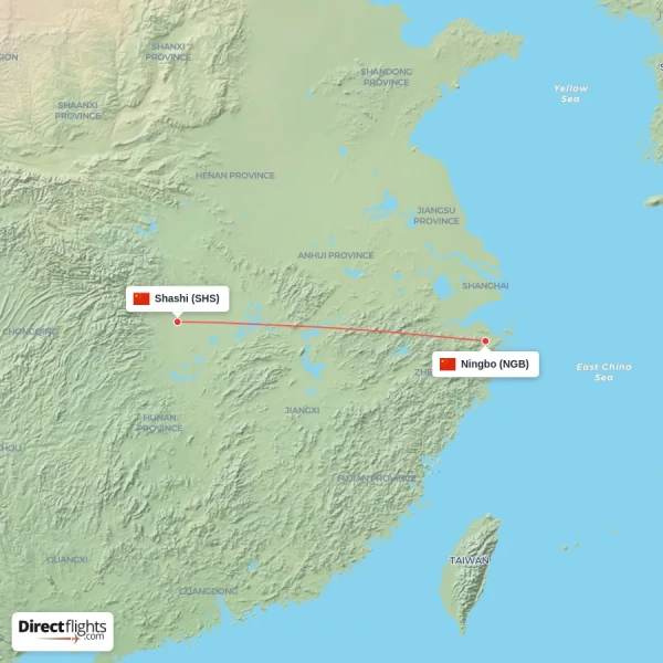 Shashi - Ningbo direct flight map