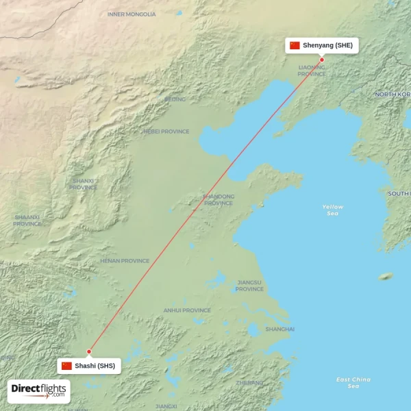Shashi - Shenyang direct flight map