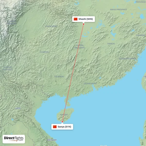 Shashi - Sanya direct flight map
