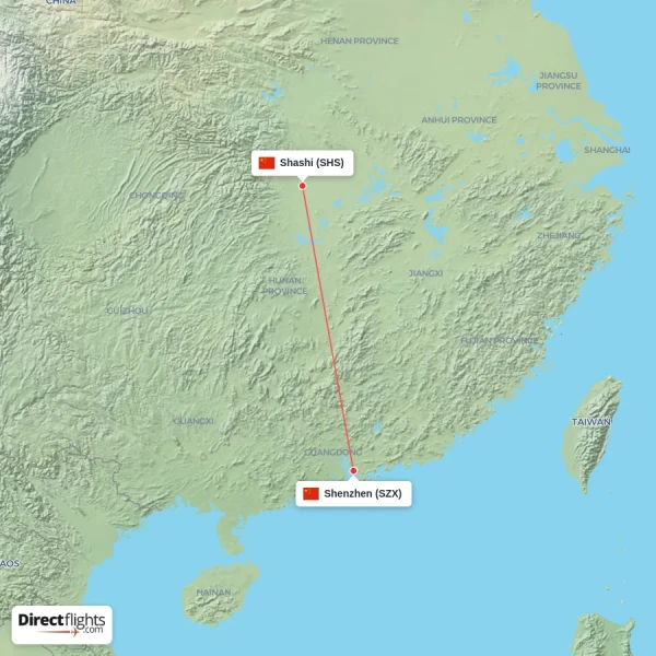 Shashi - Shenzhen direct flight map