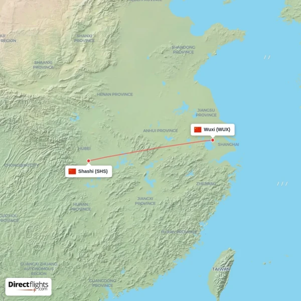 Shashi - Wuxi direct flight map