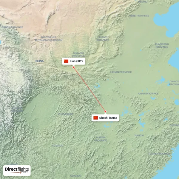 Shashi - Xian direct flight map
