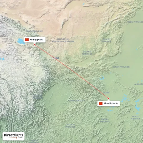 Shashi - Xining direct flight map