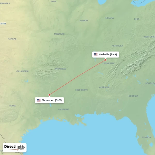 Shreveport - Nashville direct flight map