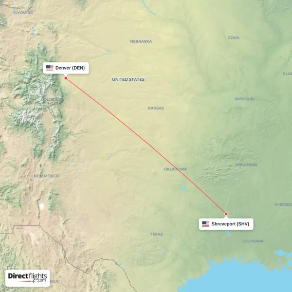 Shreveport - Denver direct flight map