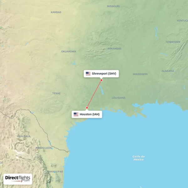 Shreveport - Houston direct flight map