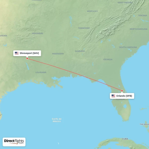 Shreveport - Orlando direct flight map