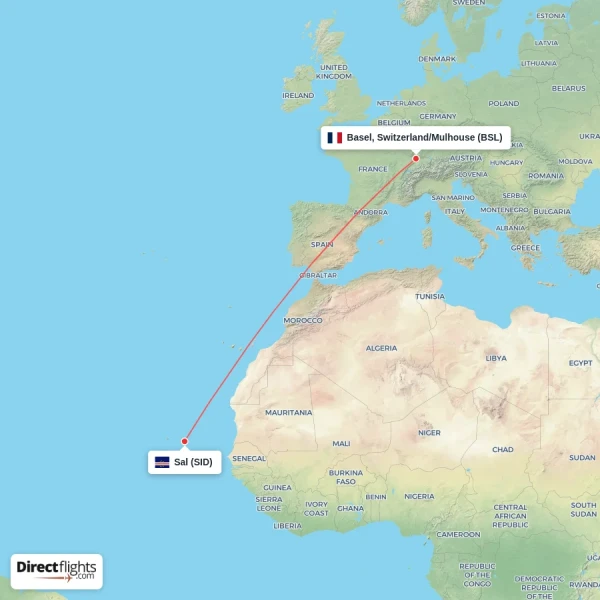 Sal - Basel, Switzerland/Mulhouse direct flight map