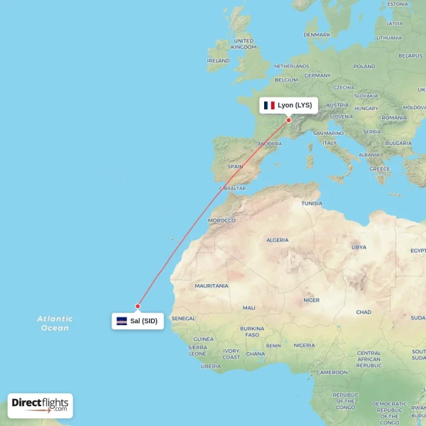 Sal - Lyon direct flight map