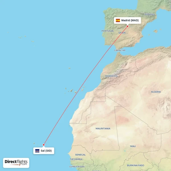 Sal - Madrid direct flight map