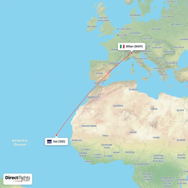 Sal - Milan direct flight map