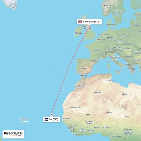 Sal - Newcastle direct flight map