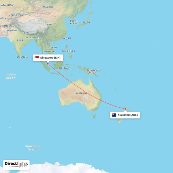 Singapore - Auckland direct flight map