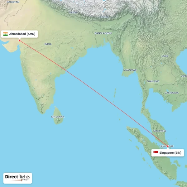 Singapore - Ahmedabad direct flight map